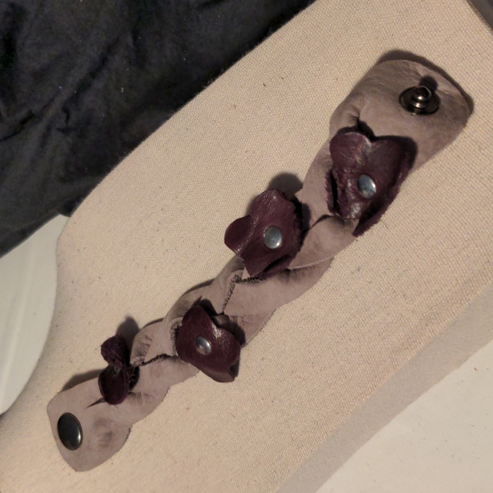 Handmade Genuine Leather Flower Rosette Magic Braid Bracelet Taupe Plum